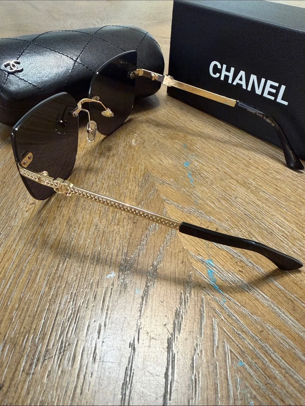 CHANEL Black Gradient Rimless Square Sunglasses with Gold Hardware